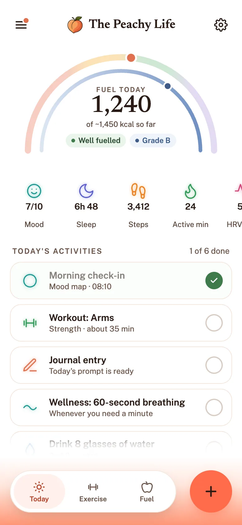 The Peachy Life home screen, with fuel, mood, sleep and steps for the day